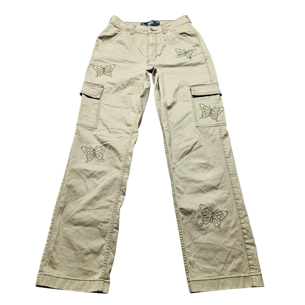 Hollister Ultra High-Rise Dad Pants Khaki Butterfly Embroidery Cargo Size 0R W25